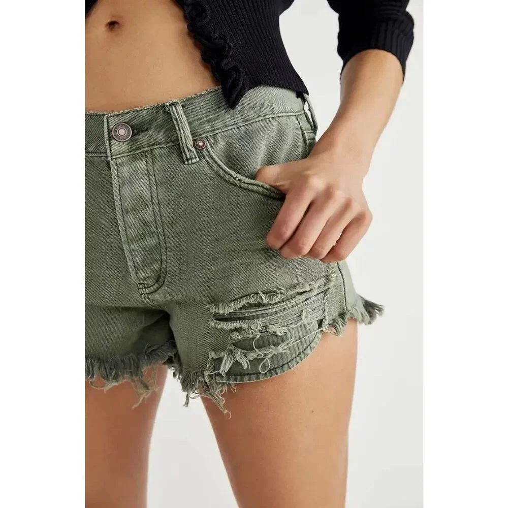 Free People Loving Good Vibrations Cutoff Denim Shorts Frayed Hem Button Close S